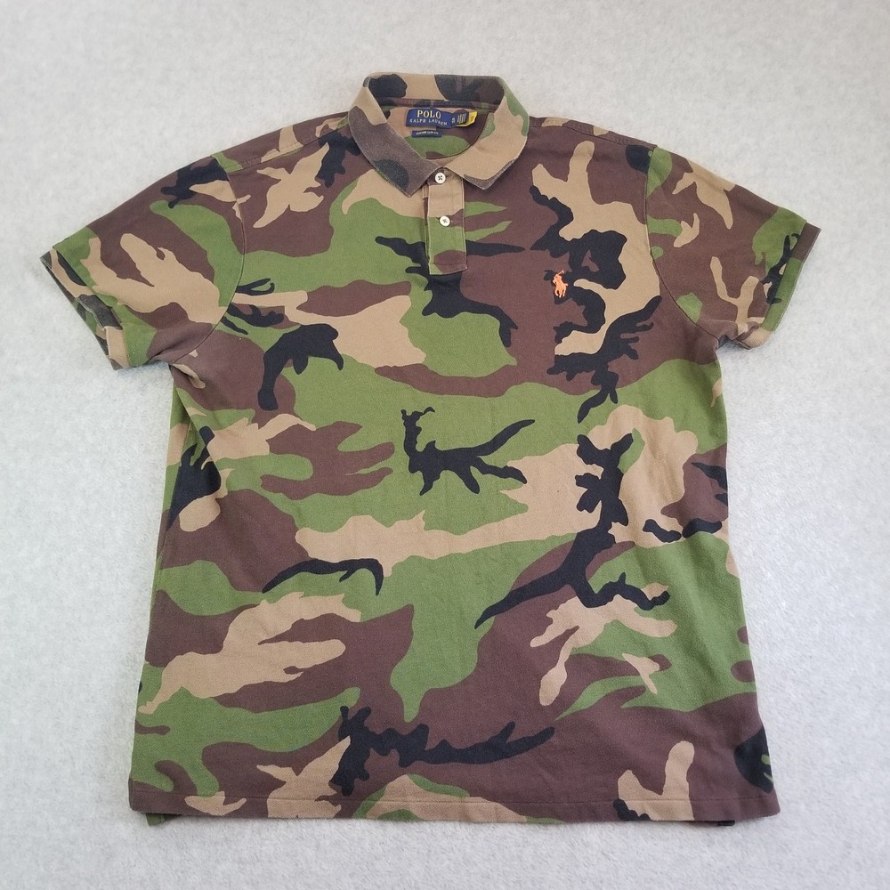 Polo Ralph Lauren Polo Shirt Mens Extra Large Camo Custom Slim Fit Orange Pony